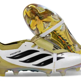 Adidas Predator White Gold Laceless Strap Closure Iridescent Holographic Heel Counter Firm-Ground Soccer Shoes