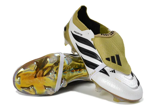 Adidas Predator White Gold Laceless Strap Closure Iridescent Holographic Heel Counter Firm-Ground Soccer Shoes 4