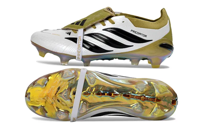 Adidas Predator White Gold Laceless Strap Closure Iridescent Holographic Heel Counter Firm-Ground Soccer Shoes 6