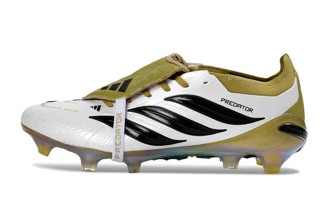 Adidas Predator White Gold Laceless Strap Closure Iridescent Holographic Heel Counter Firm-Ground Soccer Shoes 7