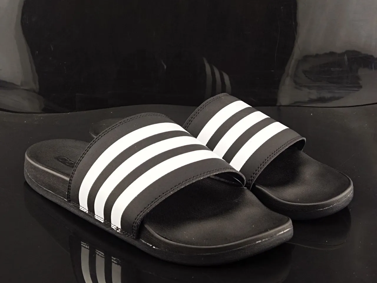 Adidas Slide Black and White Three-Stripe Slippers 4