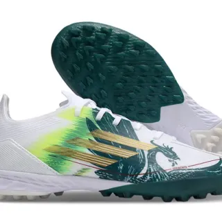 Adidas সাদা ও সবুজ লো-কাট সিন্থেটিক আপার সোনার তিন স্ট্রাইপ ওভারলে কৃত্রিম গ্রাস ফুটবল জুতা