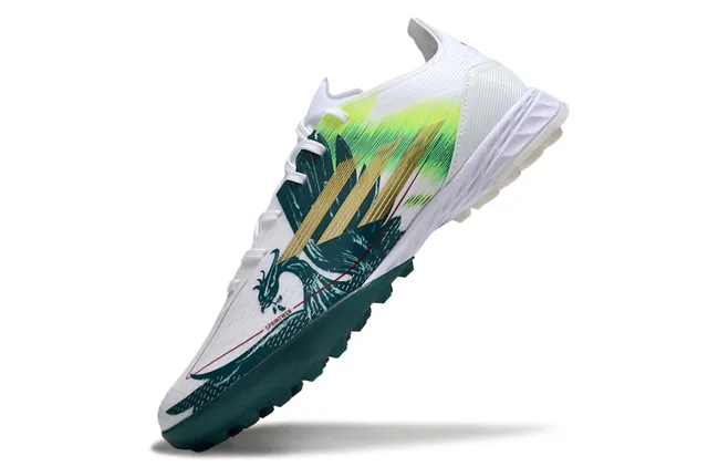 Adidas blanc et vert bas-coupé avec tige synthétique superposition de trois rayures dorées chaussures de football en gazon artificiel 3