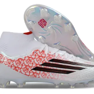 Adidas White Red High-Cut Sock-Fit Collar Synthetic Upper Firm-Ground Soccer Shoes