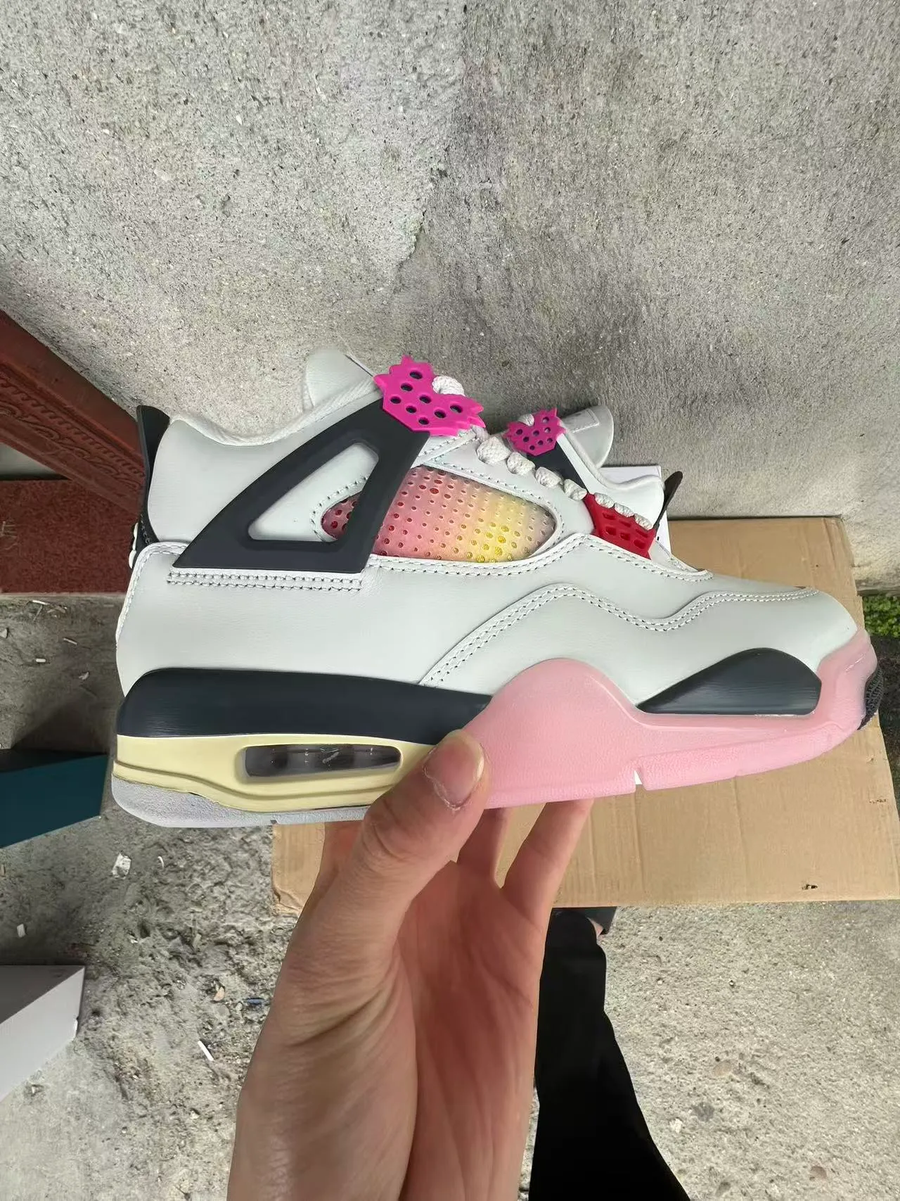 Air Jordan 4 White Black Pink Gradient Tongue Basketball Shoes 7