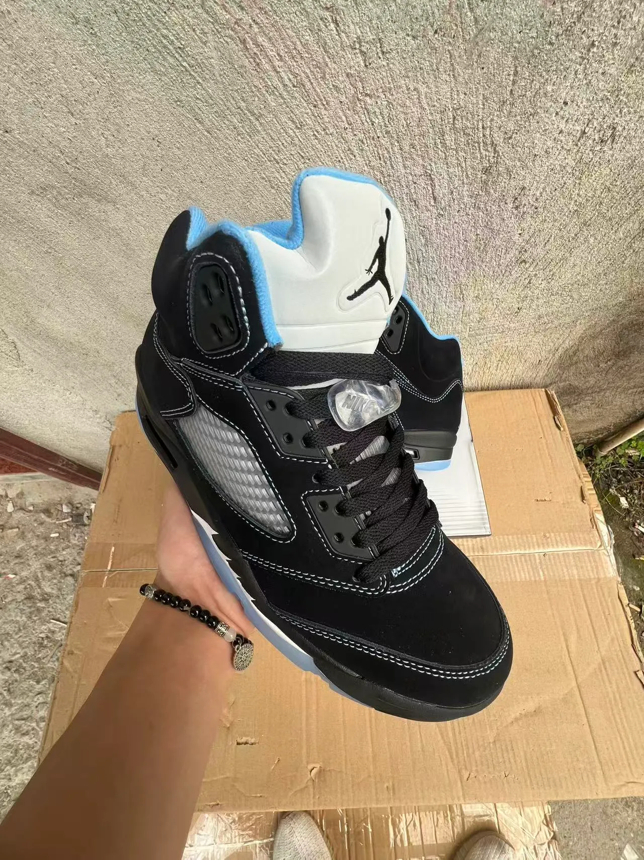 Air Jordan 5 Preto Azul Claro Branco Tênis de Basquete 5