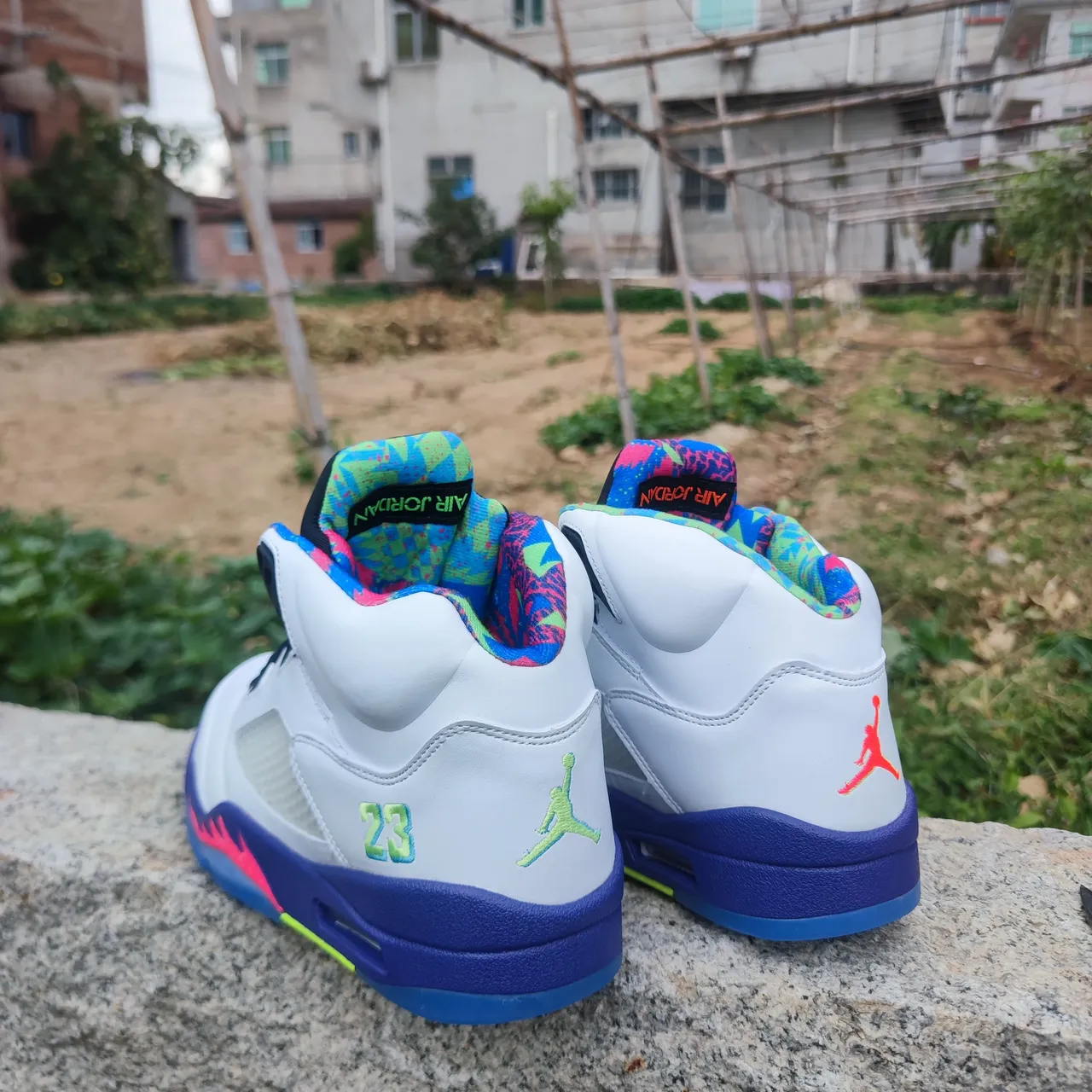 Air Jordan 5 White Purple Neon Yellow Basketball Shoes 3