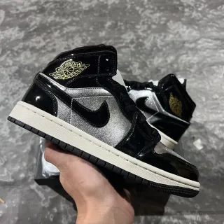 Air Jordan Tênis de Basquete Preto Prata Alto Brilhante Couro Patent