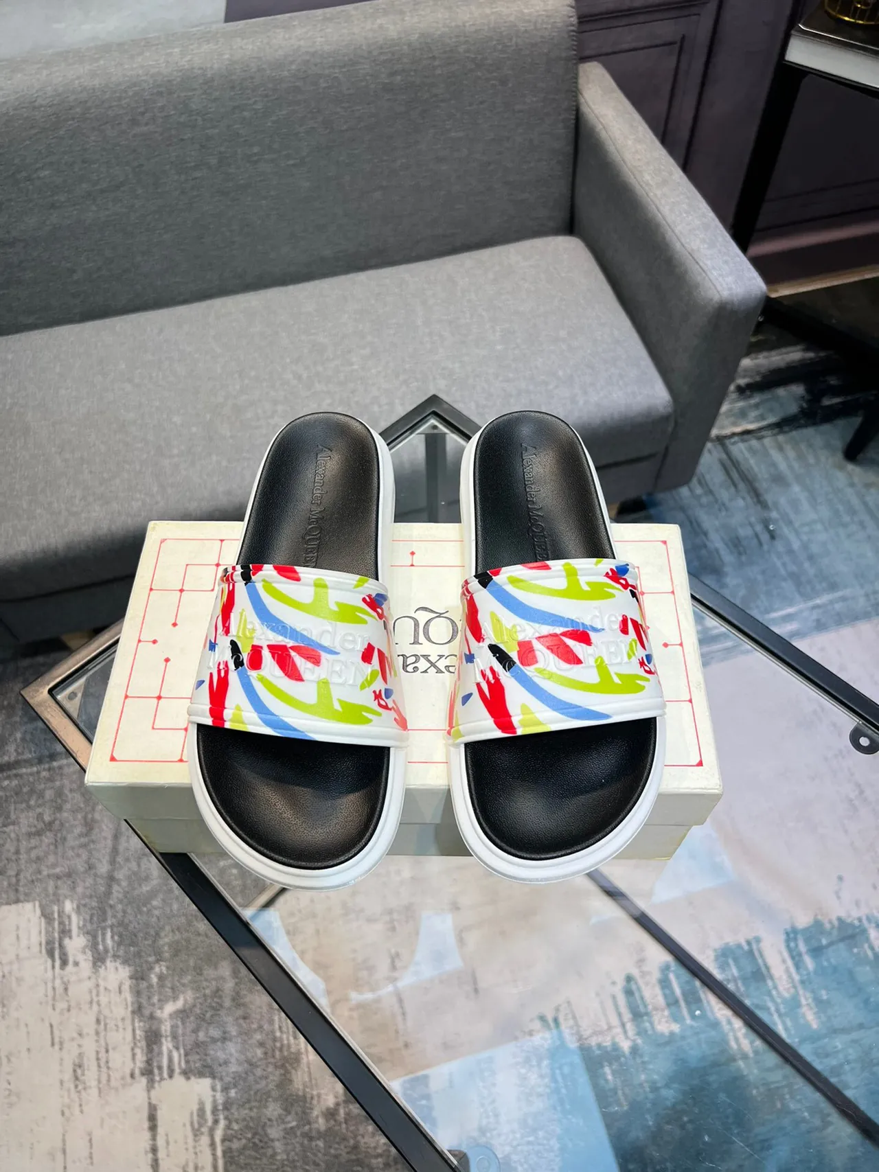 Alexander McQueen Multicolor Black Wide Printed Strap Thick White Sole Slippers 2