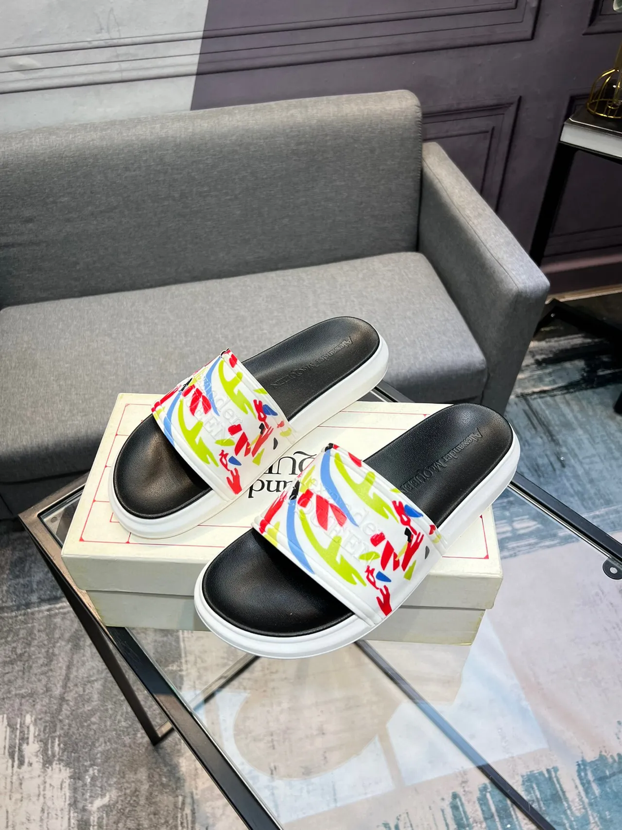 Alexander McQueen Multicolor Black Wide Printed Strap Thick White Sole Slippers 3