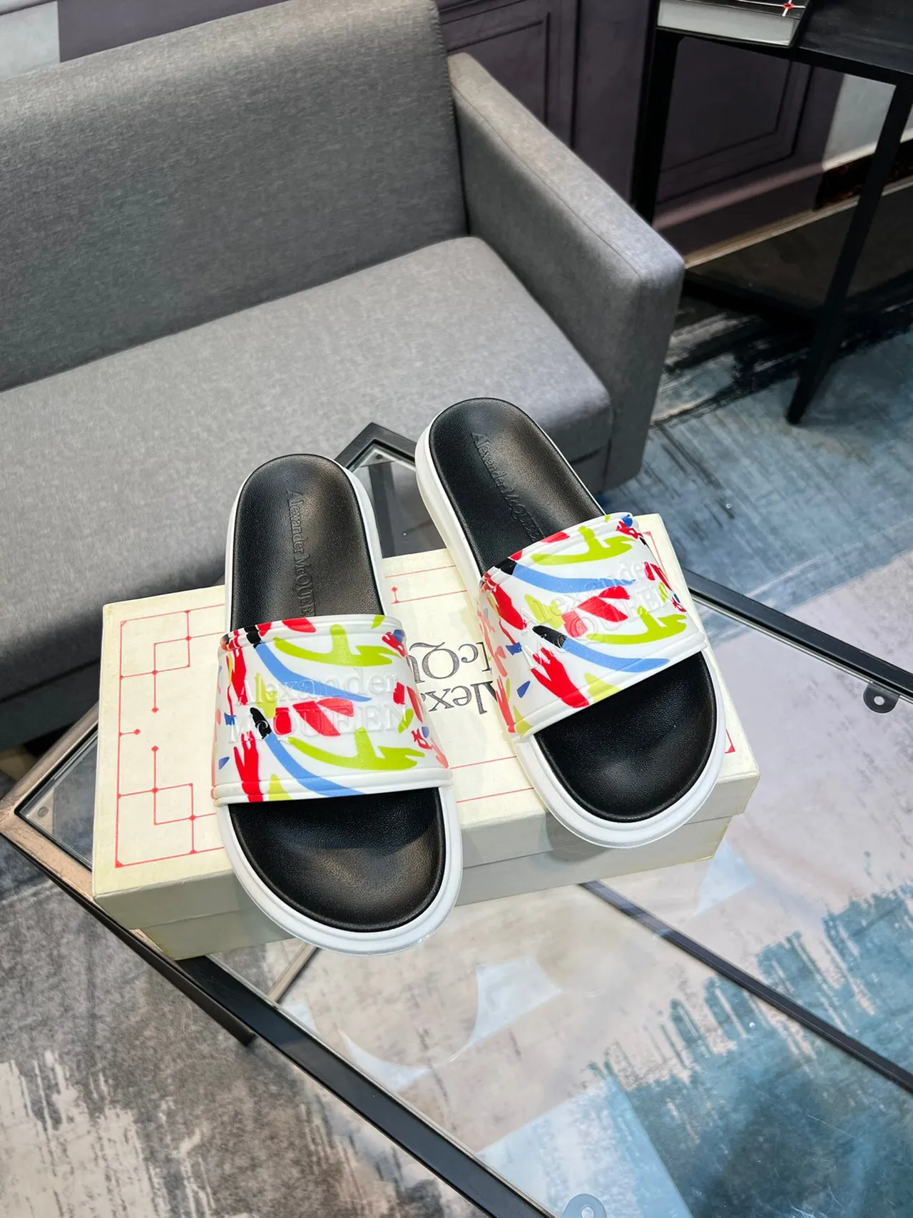 Alexander McQueen Multicolor Black Wide Printed Strap Thick White Sole Slippers 5