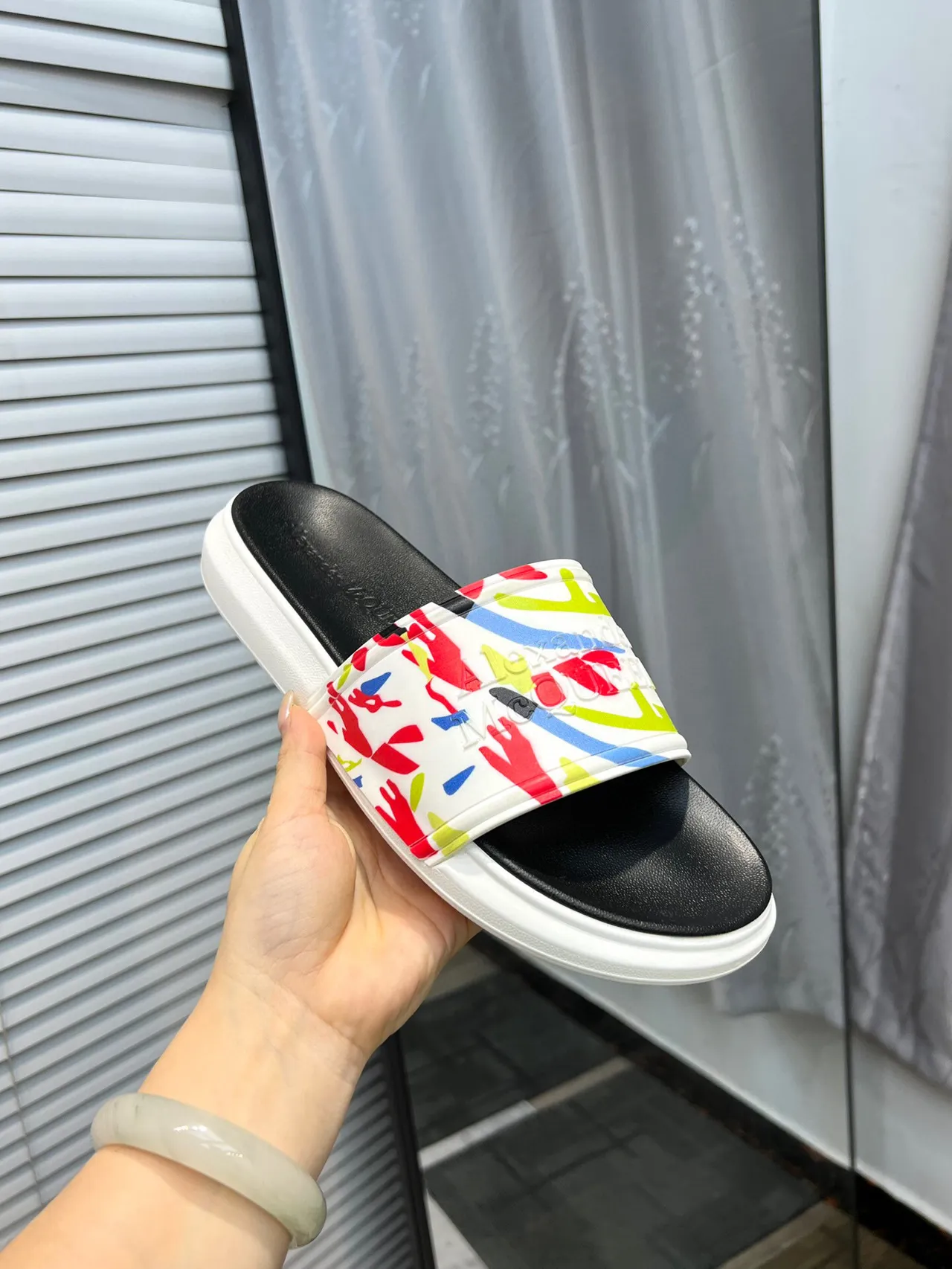 Alexander McQueen Multicolor Black Wide Printed Strap Thick White Sole Slippers 6
