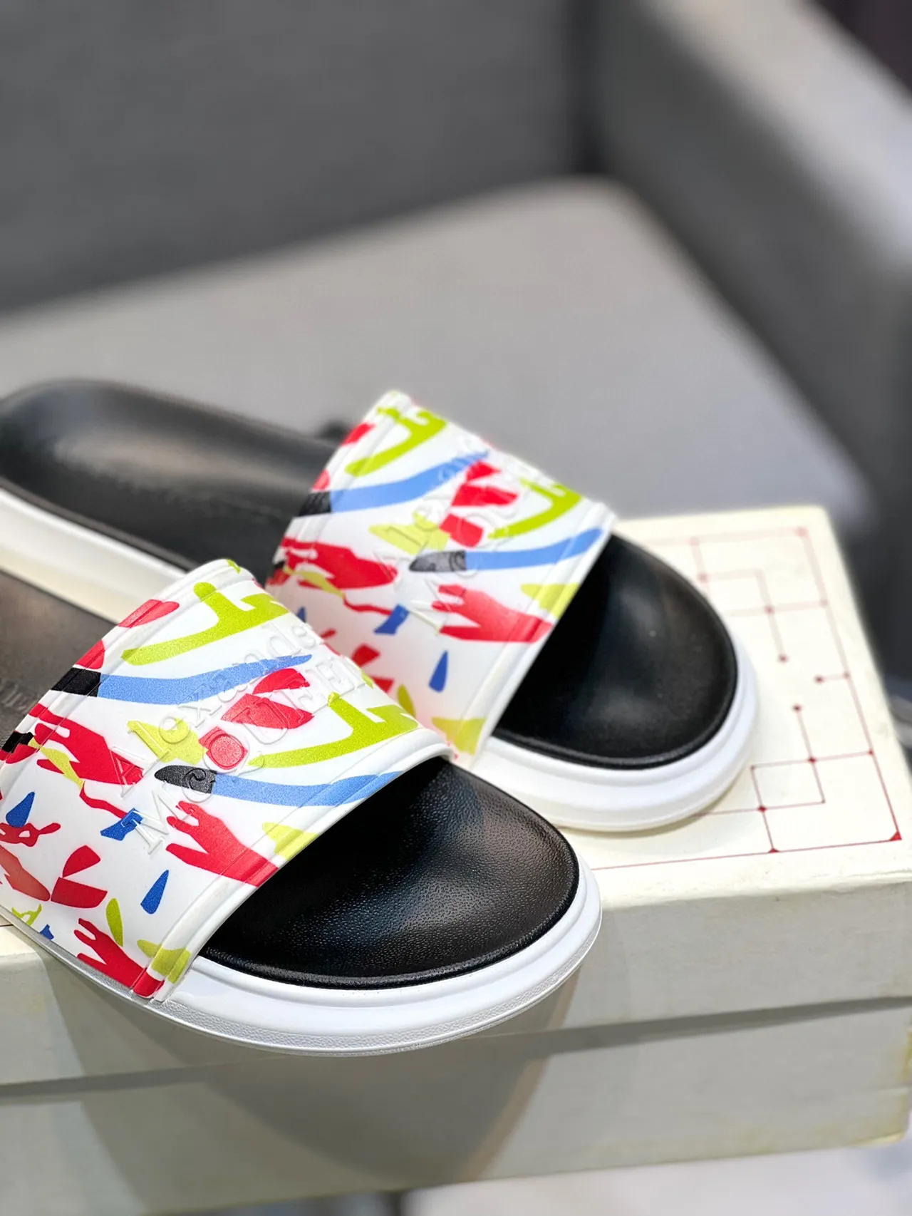 Alexander McQueen Multicolor Black Wide Printed Strap Thick White Sole Slippers 9
