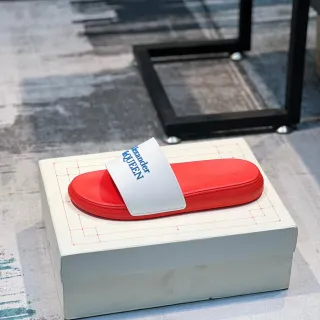 Alexander McQueen Slide Red White Molded Rubber Sole Wide Branded Strap Slippers