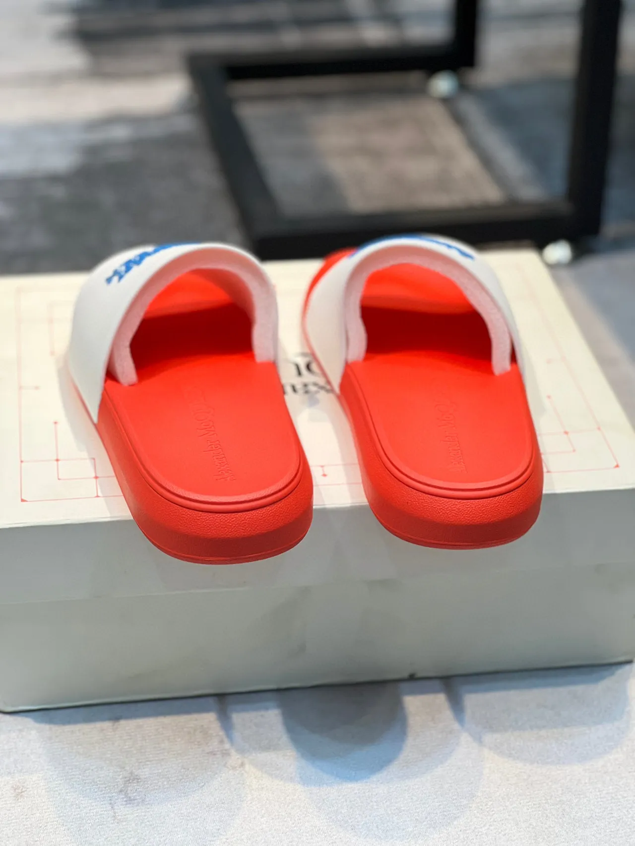 Alexander McQueen Slide Red White Molded Rubber Sole Wide Branded Strap Slippers 2