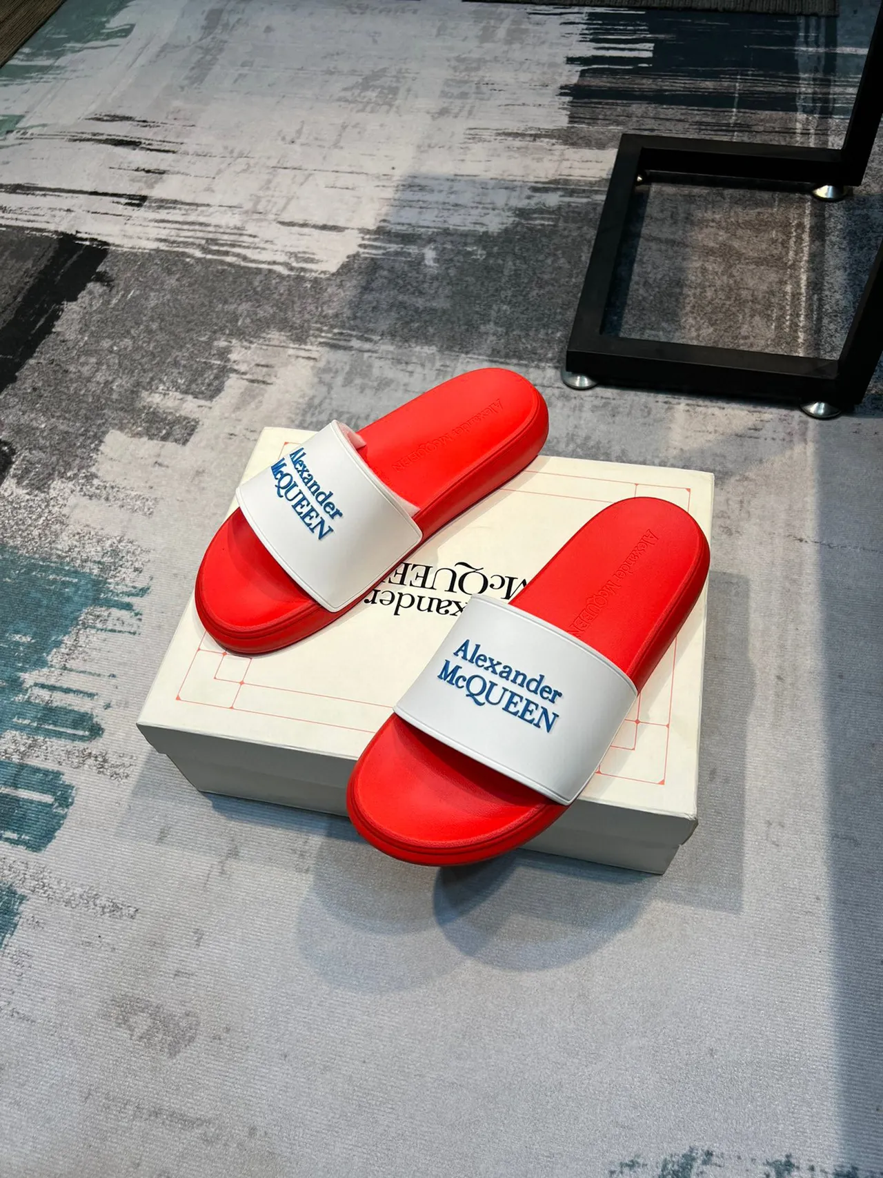 Alexander McQueen Slide Red White Molded Rubber Sole Wide Branded Strap Slippers 4