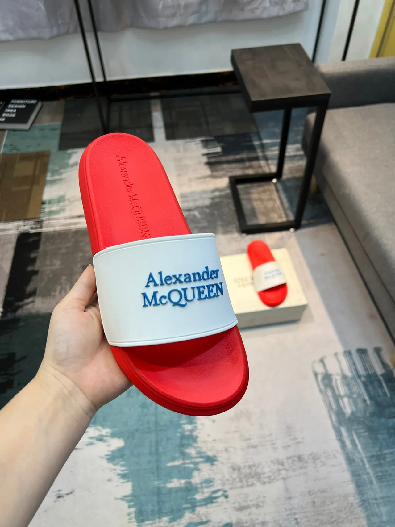Alexander McQueen Slide Red White Molded Rubber Sole Wide Branded Strap Slippers 5