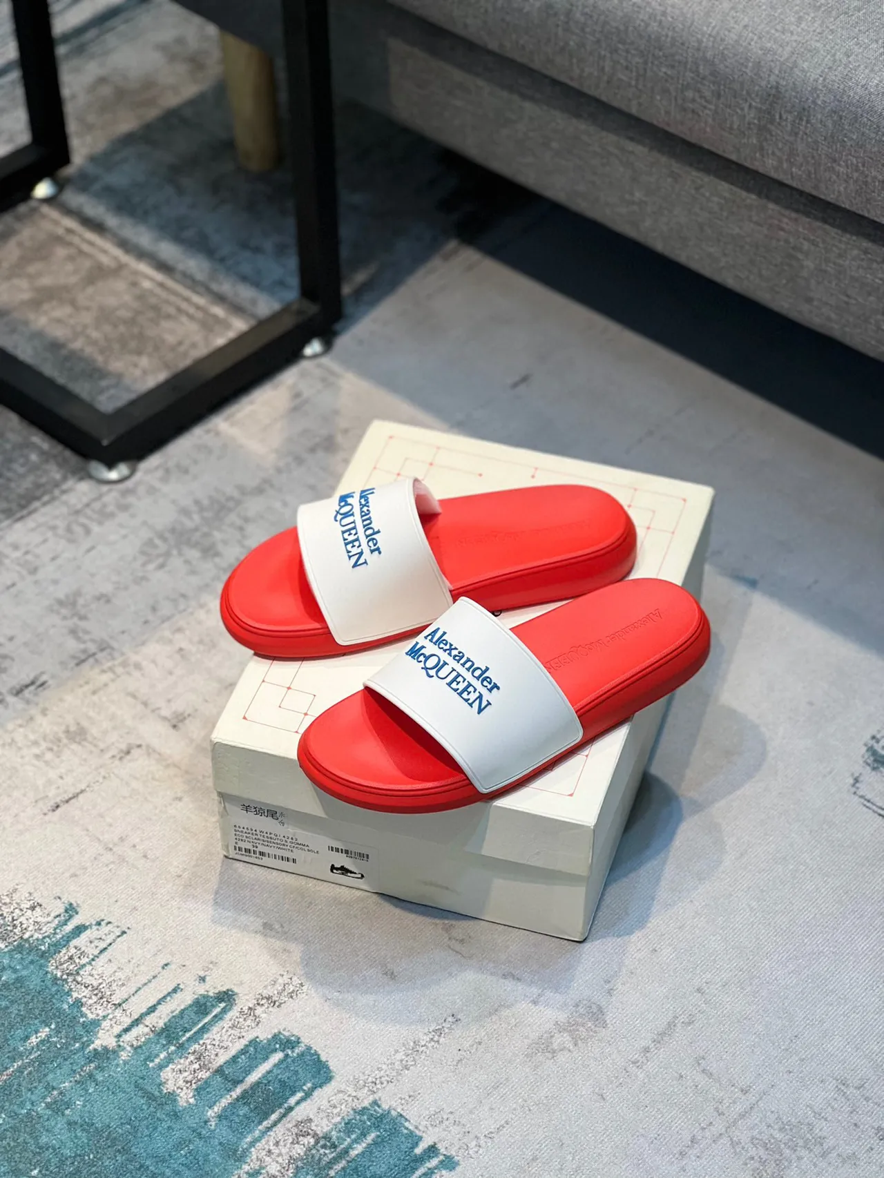 Alexander McQueen Slide Red White Molded Rubber Sole Wide Branded Strap Slippers 6
