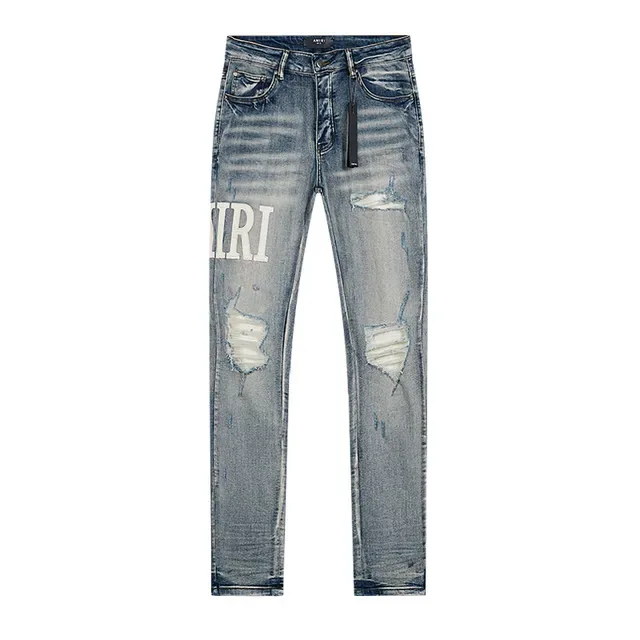 Amiri Blue White Distressed Logo-Print Jeans 2