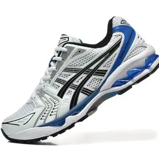 ASICS White Blue Engineered Mesh Upper Black Tiger Stripe Overlay Running Shoes