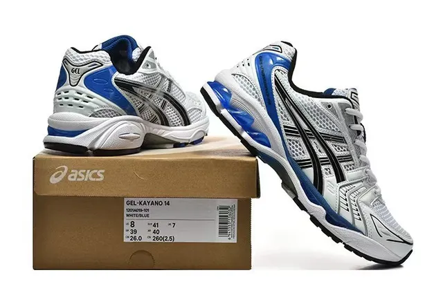 ASICS White Blue Engineered Mesh Upper Black Tiger Stripe Overlay Running Shoes 6
