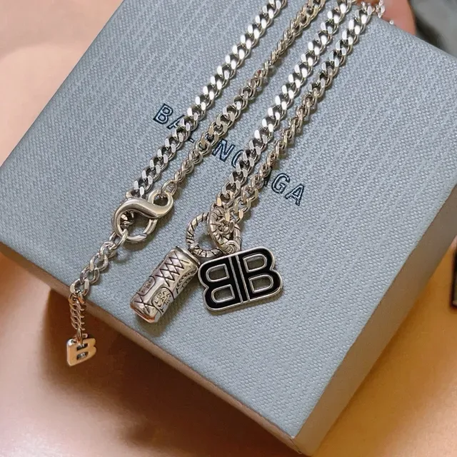 Collier Balenciaga BB Chain Gris Argent Chaîne Cubaine Charm Monogramme 9