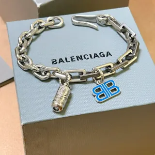 Balenciaga BB Charm فضي أزرق سميك سلسلة مختلطة قفل أسطواني سوار