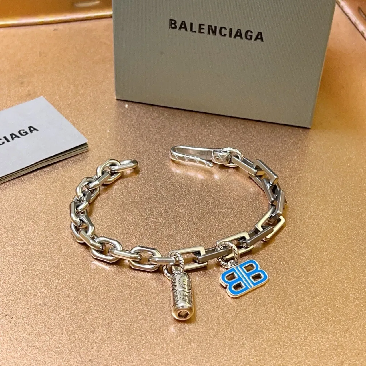 Balenciaga BB Charm Prata Azul Grossa Cadeia Mista Fechadura Cilíndrica Pulseira 3