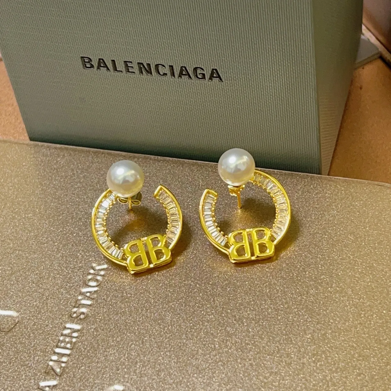 Balenciaga BB Pearl Horseshoe Hoop Earrings 2