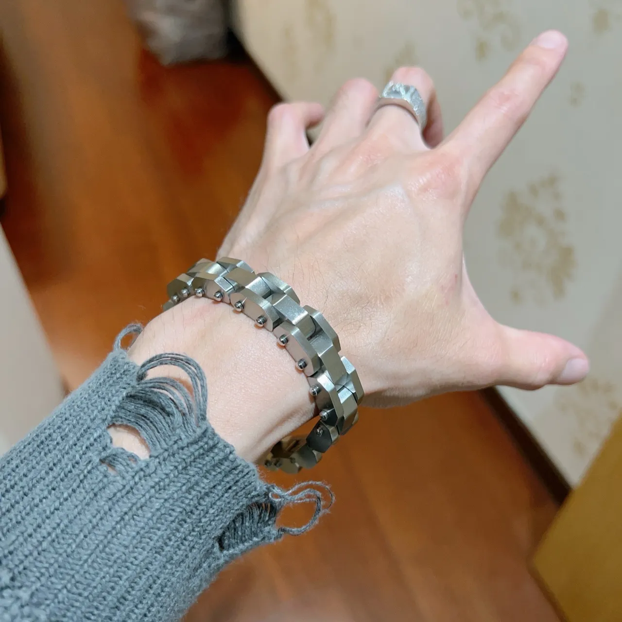 Balenciaga Silver Geometric Block Links Double-Row Construction Bracelet 2