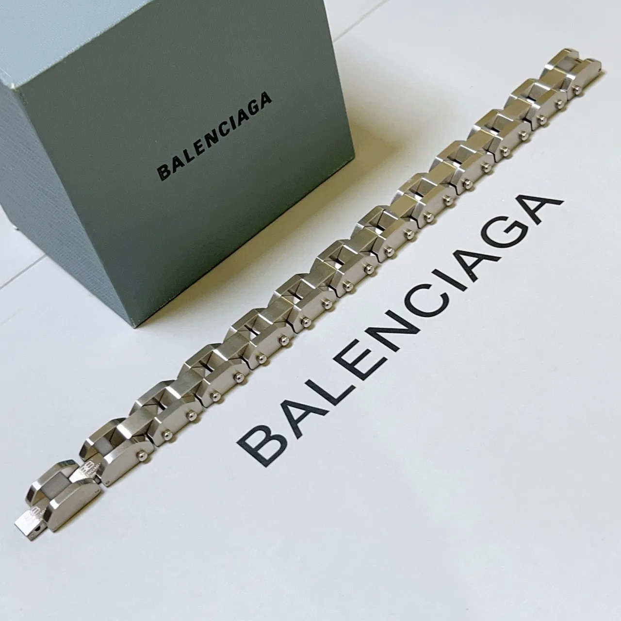 Balenciaga Silver Geometric Block Links Double-Row Construction Bracelet 3