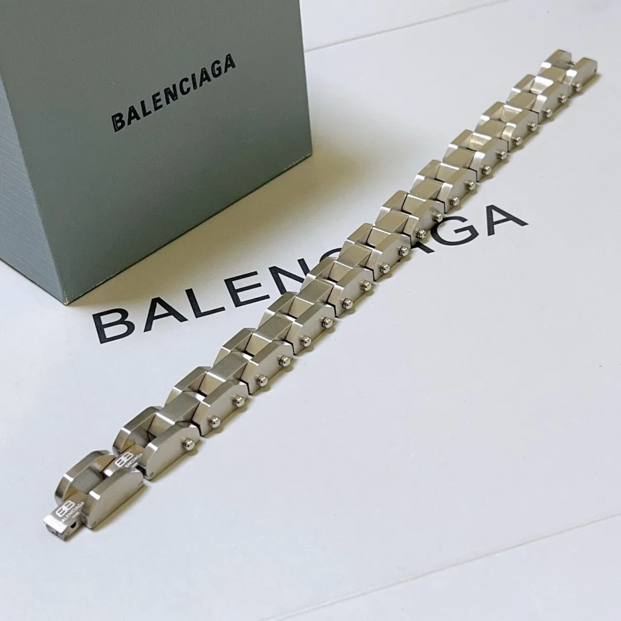Balenciaga Silver Geometric Block Links Double-Row Construction Bracelet 5