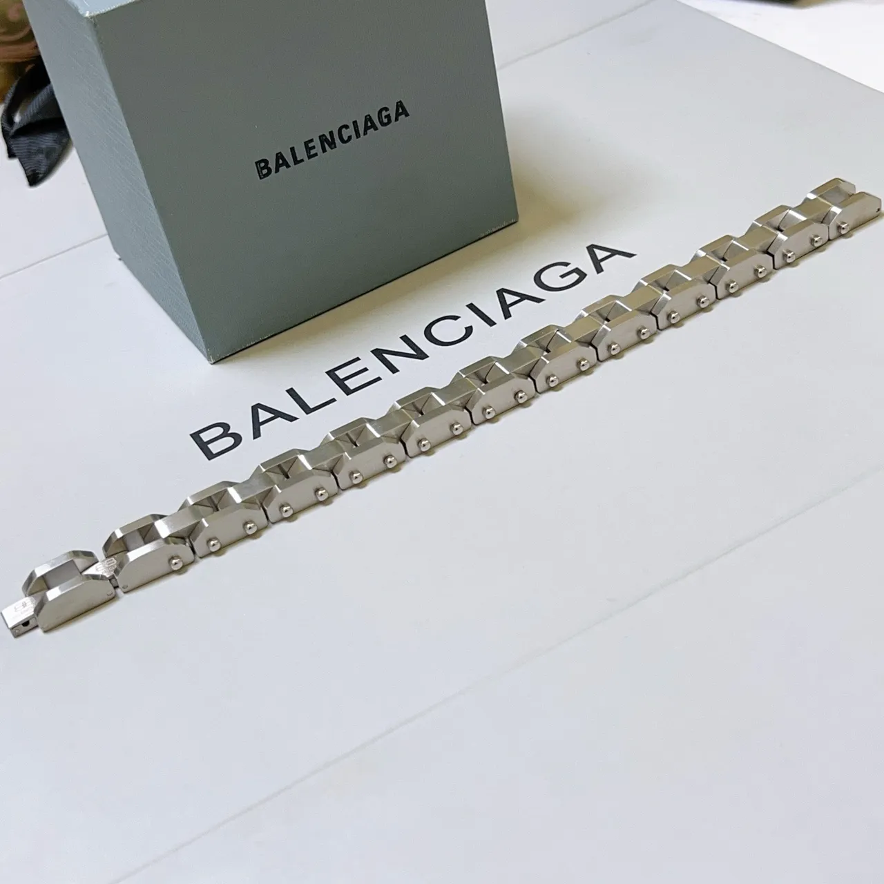 Balenciaga Silver Geometric Block Links Double-Row Construction Bracelet 6