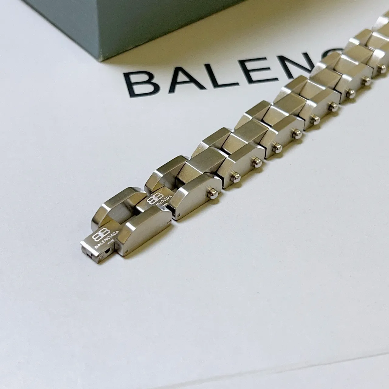 Balenciaga Silver Geometric Block Links Double-Row Construction Bracelet 7