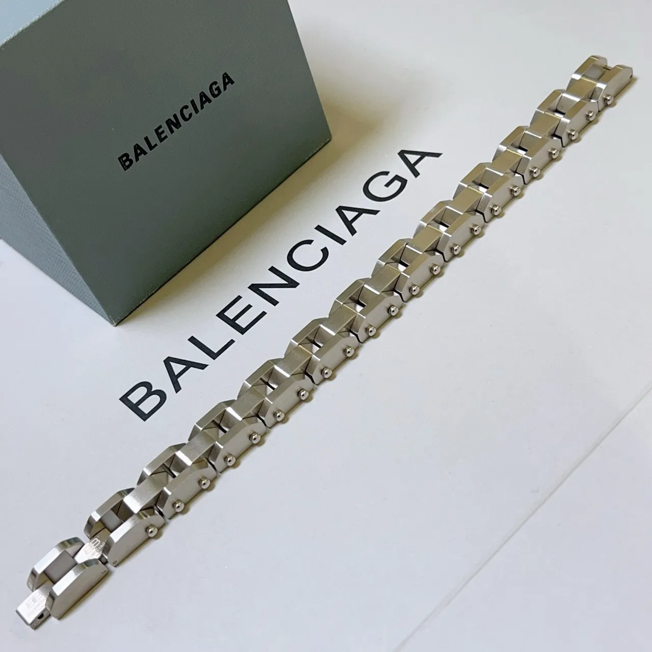 Balenciaga Silver Geometric Block Links Double-Row Construction Bracelet 9