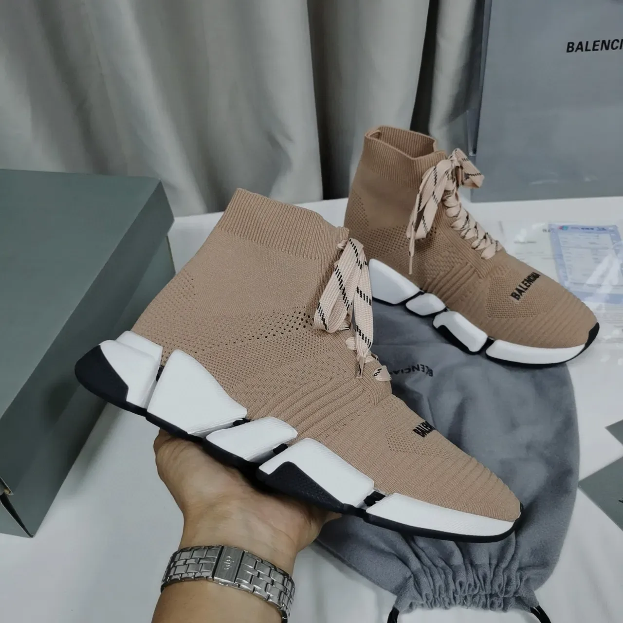 Balenciaga Speed Trainer Tênis Bege Tricô Estilo de Vida 9