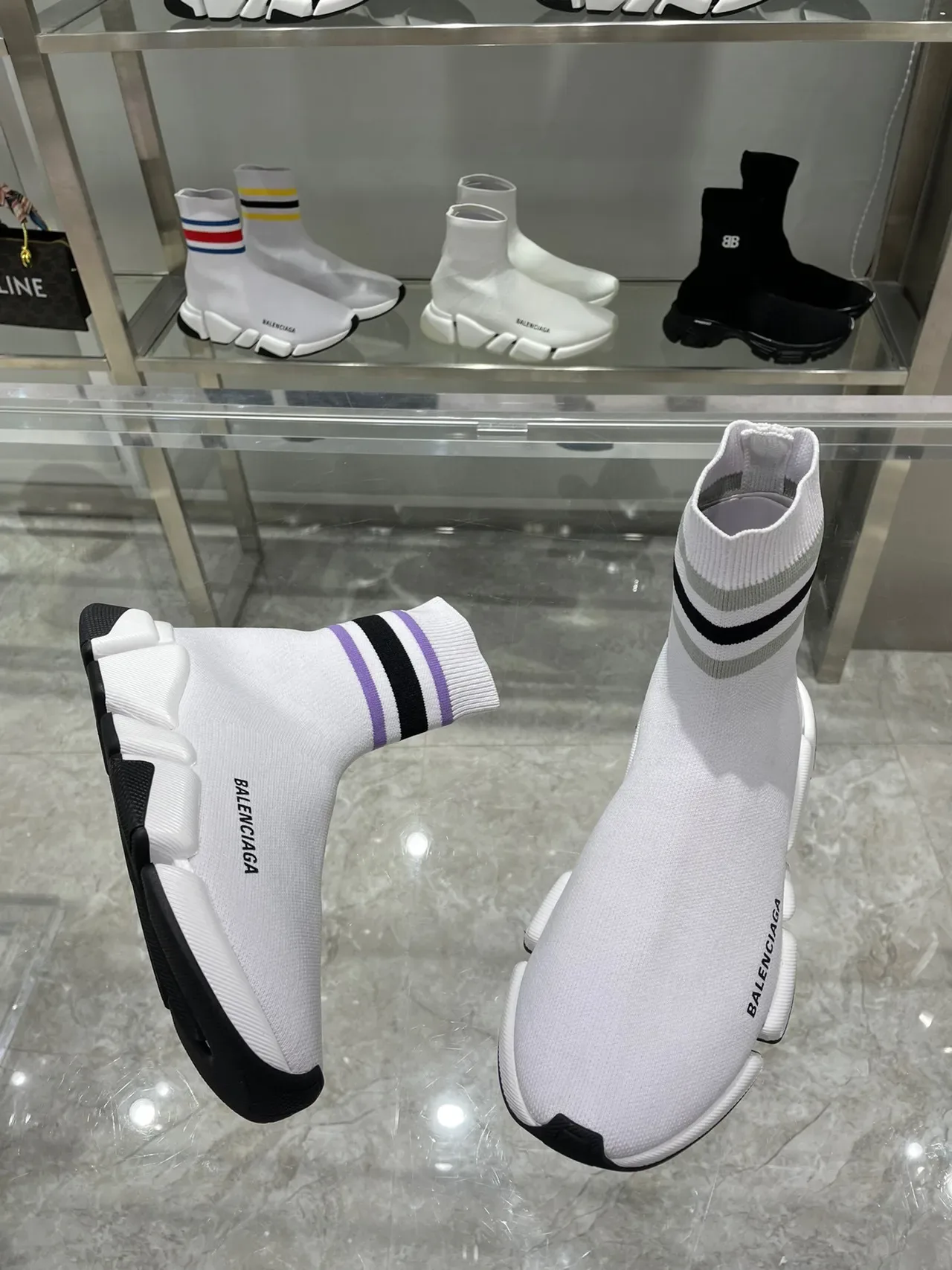 Balenciaga Speed Trainer White Purple Black Striped Lifestyle Sneakers 4