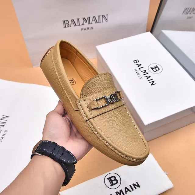 Balmain B-Court Beige Pebbled Leather Loafer 6