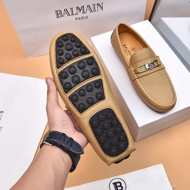 Balmain B-Court Beige Pebbled Leather Loafer 7