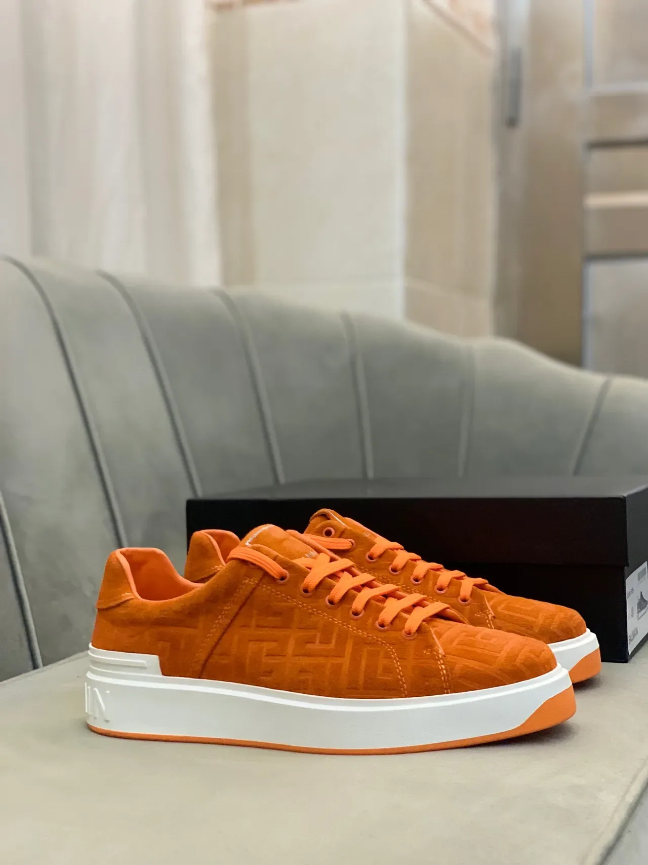 Balmain B-Court Sneakers Lifestyle Orange Daim Monogram 7