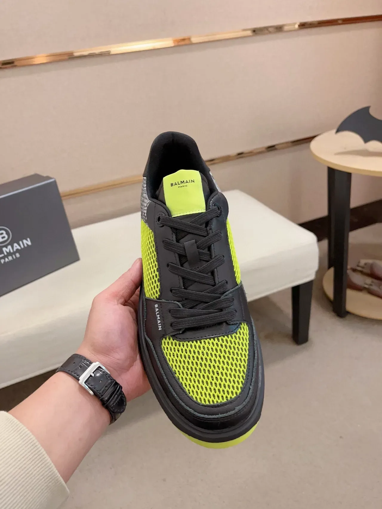 Balmain Black Yellow Platform Sole Mesh And Leather Paneling Lifestyle Sneakers 2