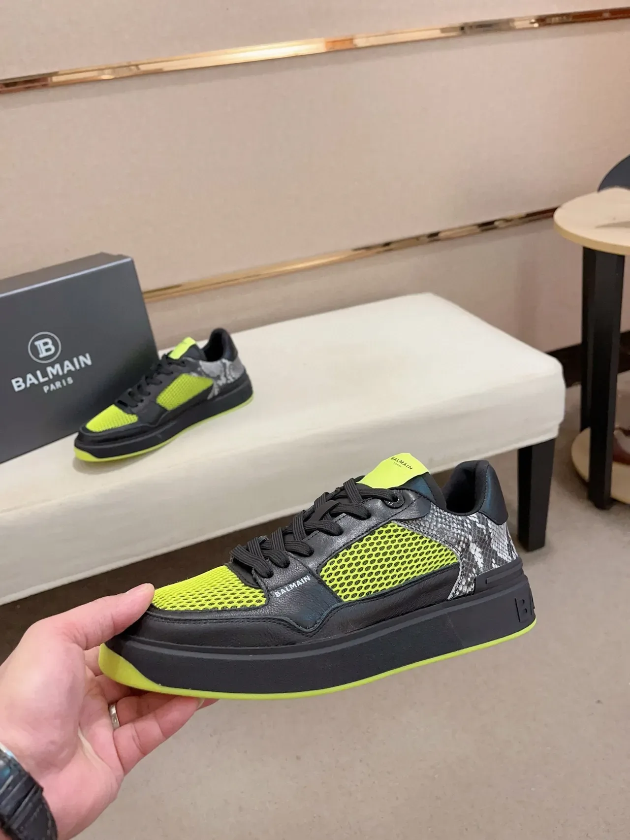 Balmain Black Yellow Platform Sole Mesh And Leather Paneling Lifestyle Sneakers 3