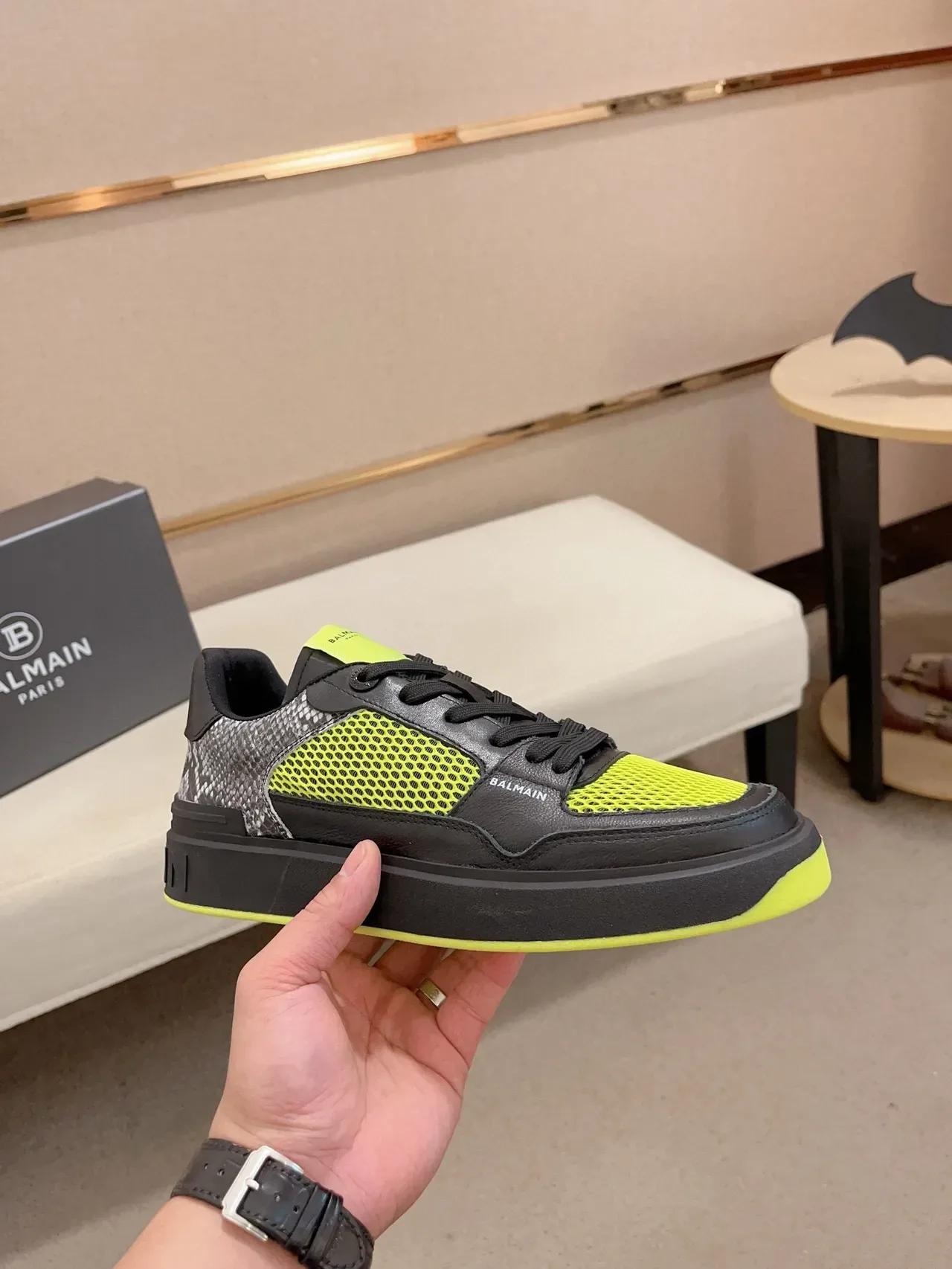 Balmain Black Yellow Platform Sole Mesh And Leather Paneling Lifestyle Sneakers 4