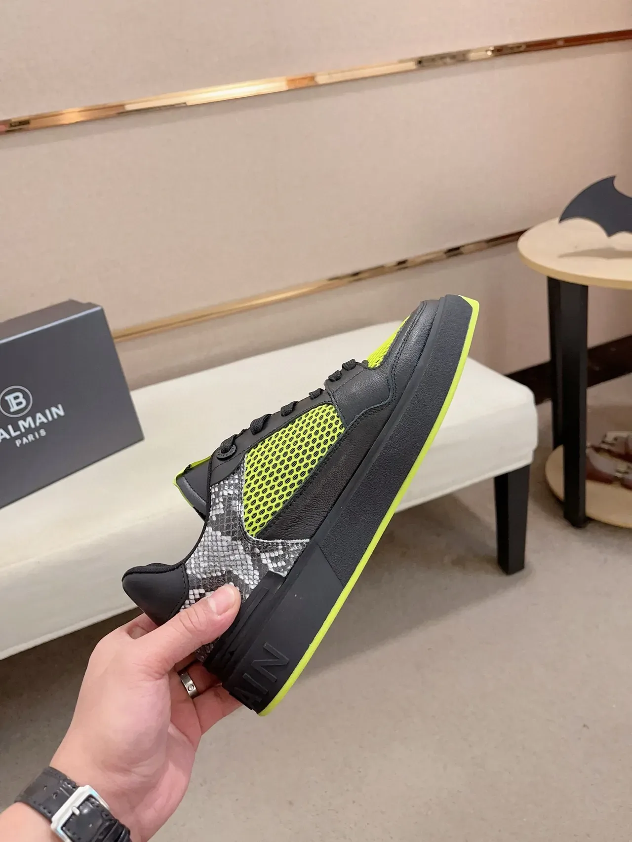 Balmain Black Yellow Platform Sole Mesh And Leather Paneling Lifestyle Sneakers 5