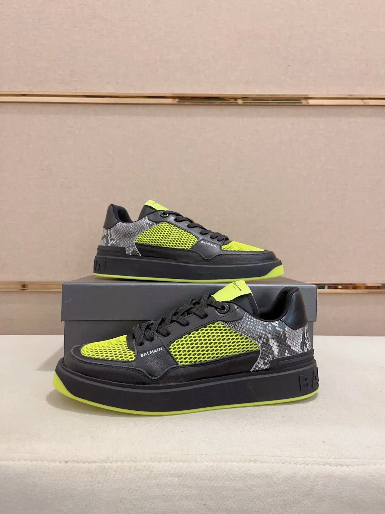 Balmain Black Yellow Platform Sole Mesh And Leather Paneling Lifestyle Sneakers 7