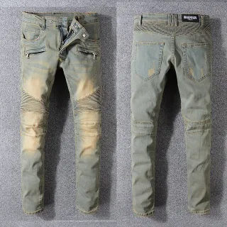 Balmain Moto-Style Distressed Olive Jeans
