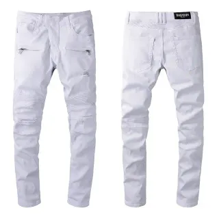 Balmain Moto White Zippered Thigh Pockets Jeans