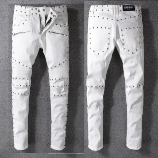 Balmain Studded Moto-Inspired White Jeans