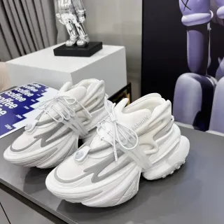 Balmain White Gray Sculpted Sole Asymmetrical Lacing Chunky Sneakers