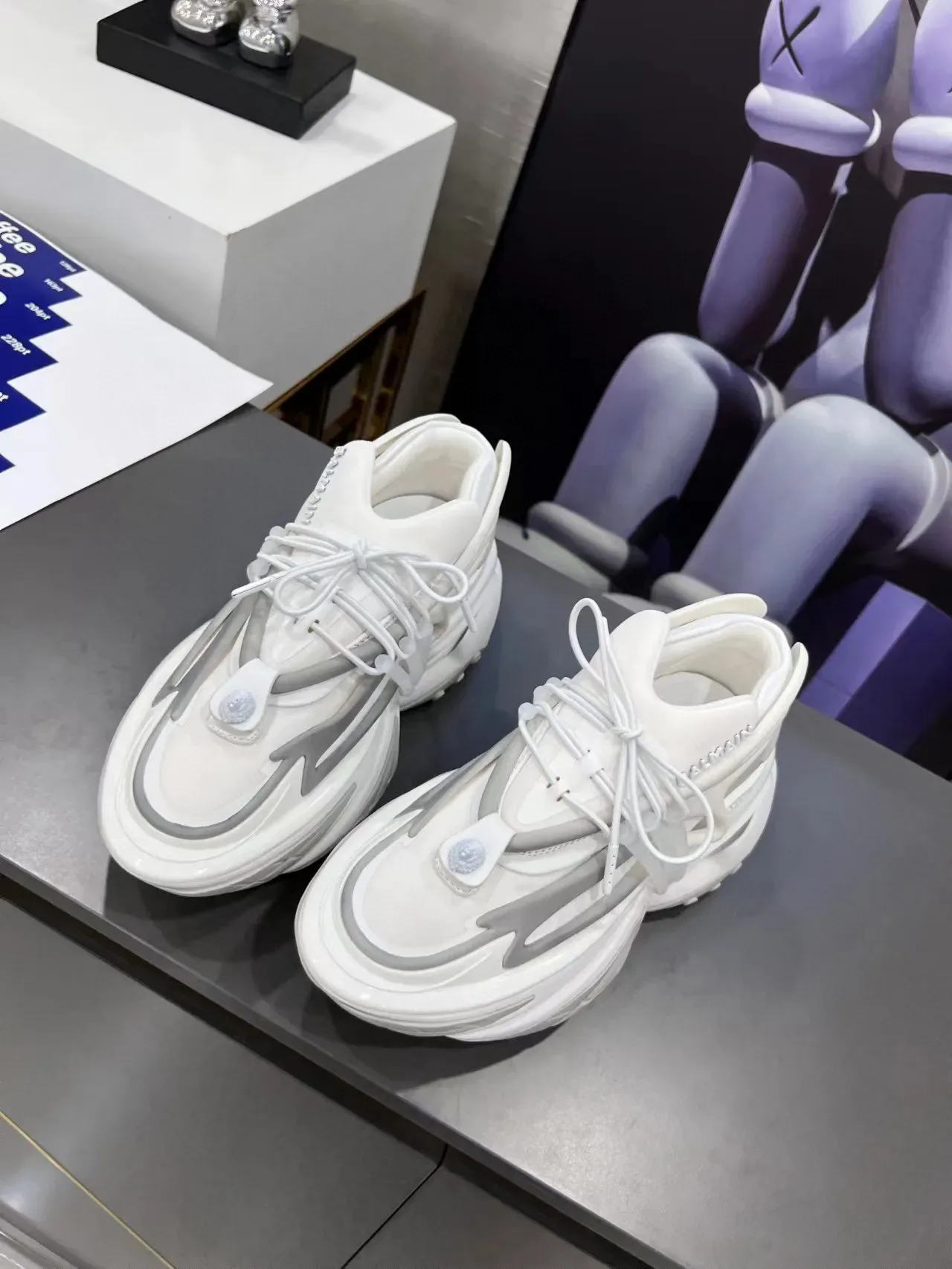 Balmain White Gray Sculpted Sole Asymmetrical Lacing Chunky Sneakers 2